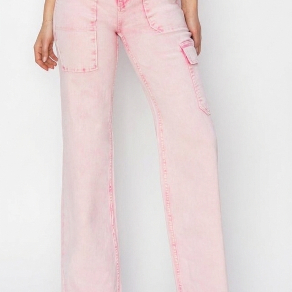 High-Rise Pink Acid Wash Wide-Leg Jeans with Utility Pockets